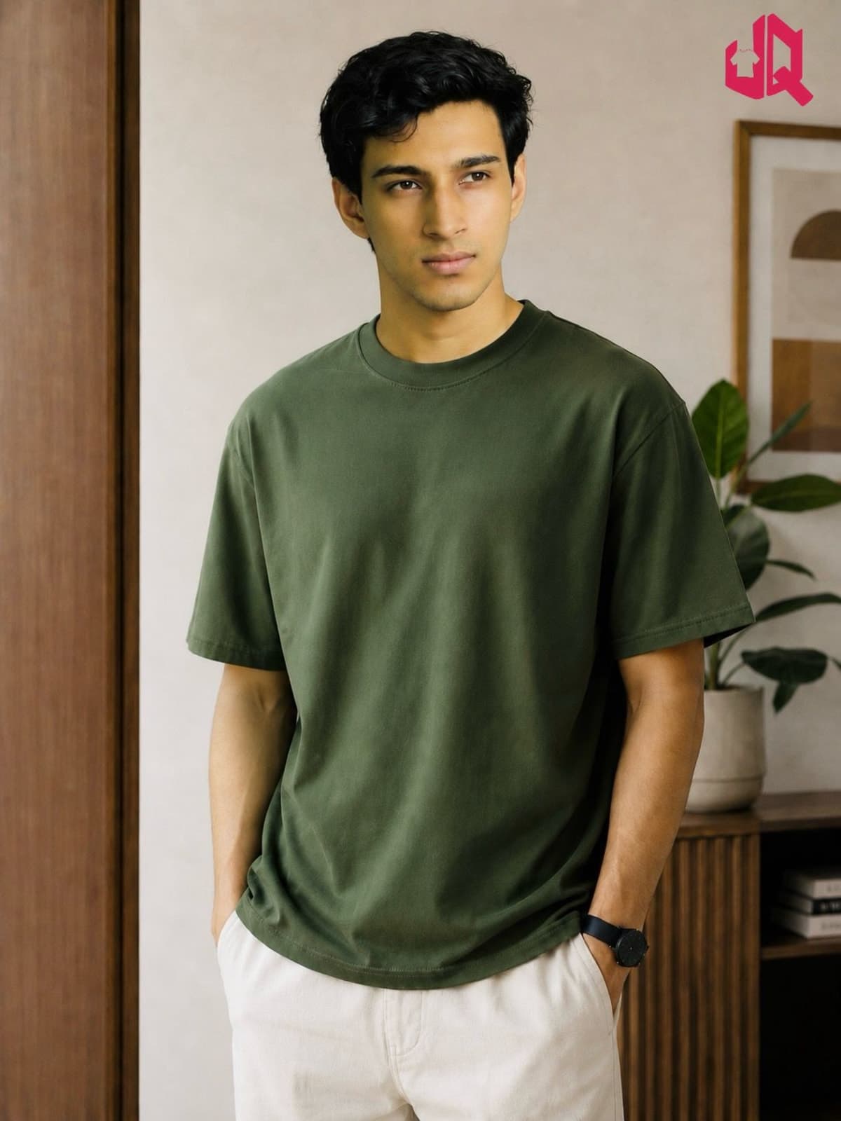 Solid Drop shoulder T-shirt -Olive Green